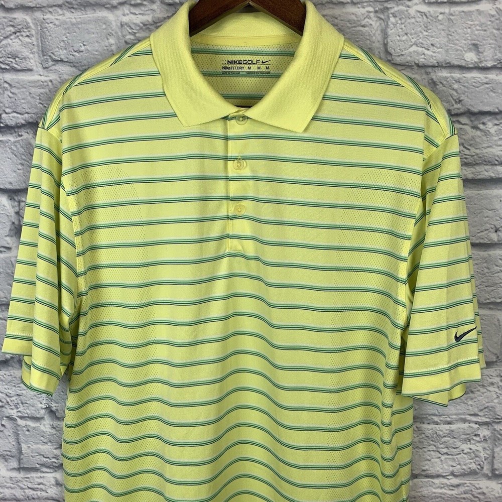 NIKE Golf Fit Dry Vented Golf Polo Yellow Green Striped Short Sleeve Sz Medium